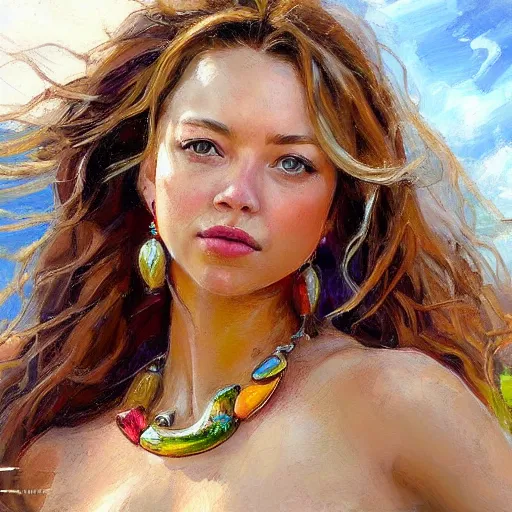 Prompt: sydney sweeney with wooden jewelry, mediterranean features, fantasy character portrait by Michael Garmash, Donato Giancola