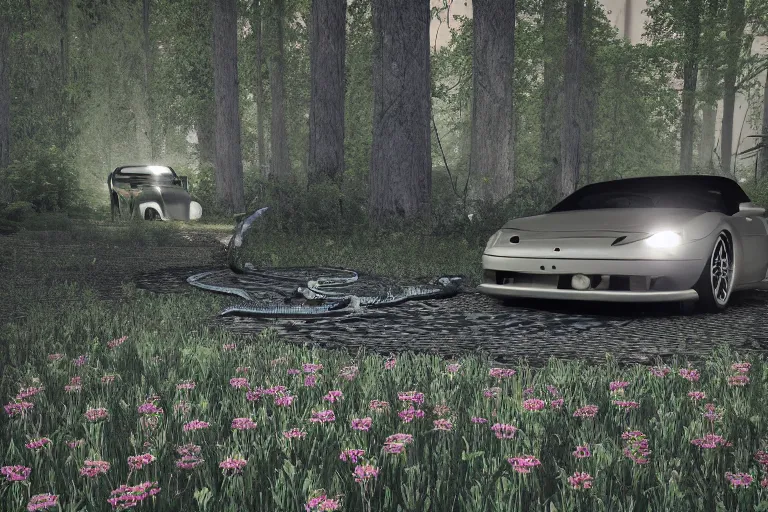 Image similar to cars, forest, moon, snakes, flowers, gothic style, 8k, ultra detailed