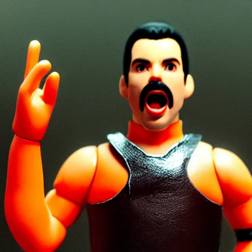 Image similar to freddie mercury as nendoroid singing with raised hand, 8 k hd dof, kodak film,