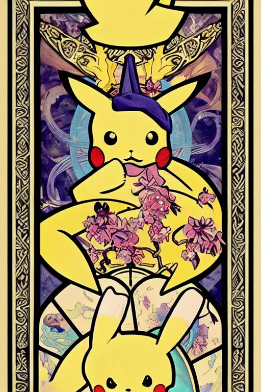 Image similar to Pikachu tarot card, art nouveau style, painterly, digital art, ornate borders, intricate details, dream atmosphere, light toned, pastel colors, cute, adorable, concept art, Pixiv, Deviantart, Behance, trending on artstation, by Naoki Saito and James jean and James Gurney and Alphonse Mucha