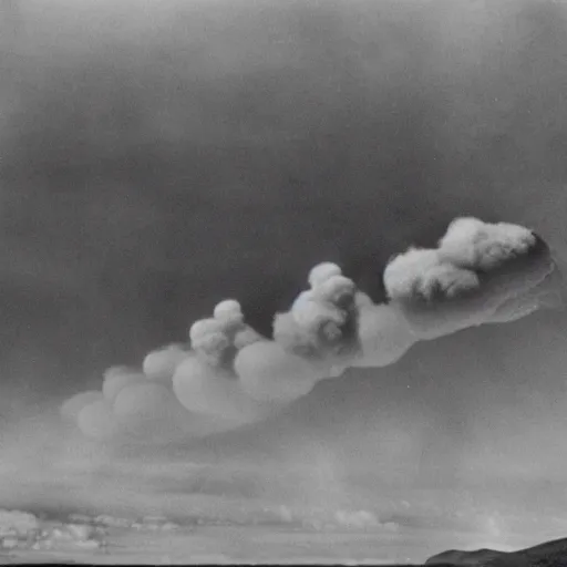 Image similar to cinematic photo of a lot of zeppelins. the zeppelins are clustered together in the air. the zeppelins are gathered around an active volcano on an island to observe it.