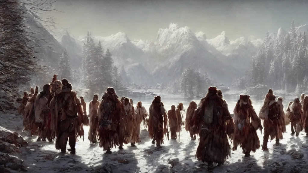 Prompt: highly detailed image of a group of indigenous travelers, walking in a line, traditional clothing, unreal engine, fantasy art by greg rutkowski, snowy mountains, lake, winter, hunter, by greg rutkowski, cgsociety, ferdinand knab, rossdraws, tom bagshaw, global illumination, radiant light, detailed and intricate environment