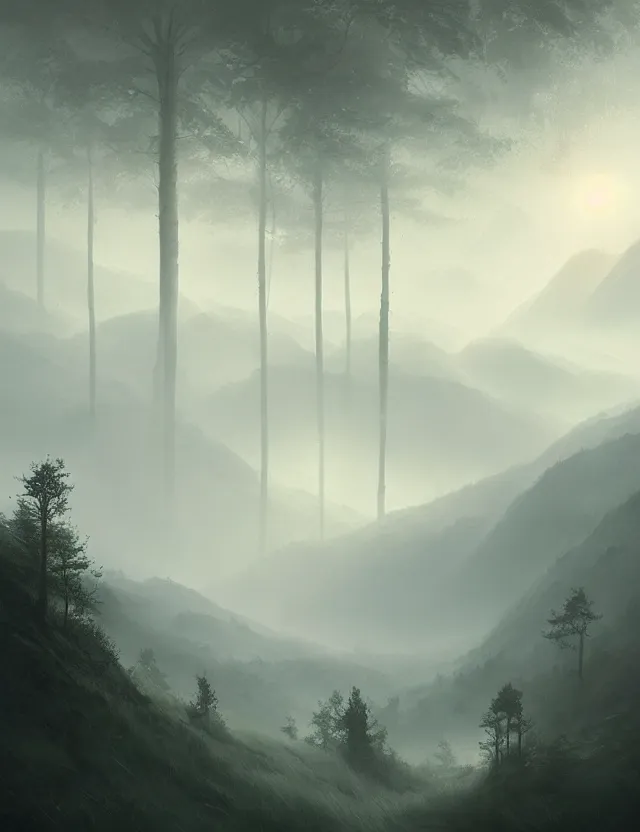 Image similar to hyperreality, mountains and forest stretching into the distance, fog, louise parker, tony's art,, greg rutkowski