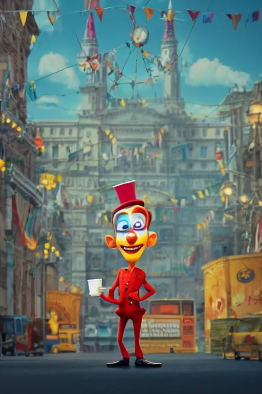 Prompt: portrait of a clown holding a cup of coffee with the circus in background, full body. pixar disney 4 k 3 d render funny animation movie oscar winning trending on artstation and behance. ratatouille style.