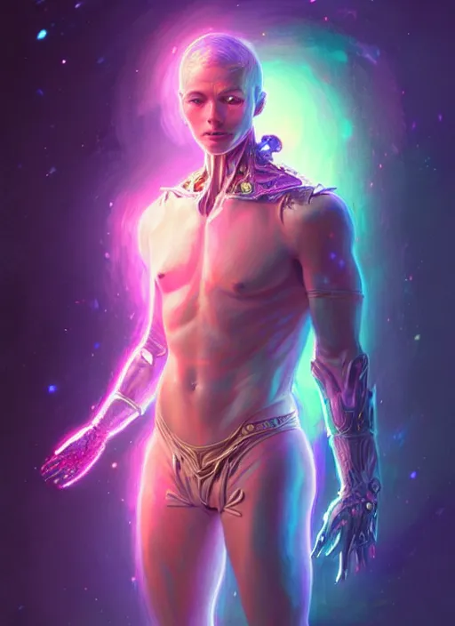 Image similar to a faceless masculine humanoid liquefied stardust adventurer, dnd fantasy character, full body portrait, glowing neon skin, magical aura, ultra realistic, intricate, elegant, highly detailed, digital painting, artstation, smooth, sharp, focus, illustration, art by artgerm and greg rutkowski and alphonse mucha