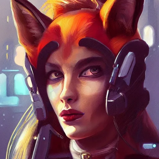 Prompt: a painting of a woman with a fox on her head, cyberpunk art by Sam Spratt, featured on Artstation, furry art, darksynth, artstation hd, 2d game art