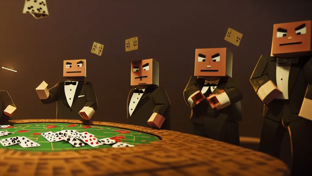 Image similar to hyperrealism simulation highly detailed human turtles'wearing detailed tuxedos and smoking, playing poker in surreal scene from minecraft movie from future by wes anderson and denis villeneuve and mike winkelmann rendered in blender and octane render