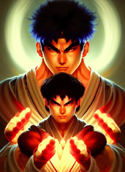 Image similar to symmetry!! ryu, street fighter, glowing lights!! intricate, elegant, highly detailed, digital painting, anime, artstation, concept art, smooth, sharp focus, illustration, art by artgerm and greg rutkowski and alphonse mucha