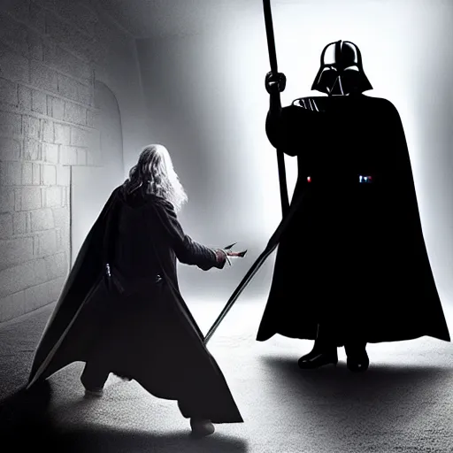 Image similar to gandalf vs darth vader, dramatic lighting,