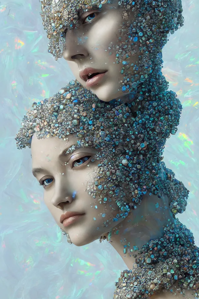 Image similar to a sculpture made of opal and water, portrait, queen, future, harper's bazaar, vogue, magazine, insanely detailed and intricate, concept art, ornate, luxury, elite, elegant, trending on artstation, by Ruan Jia, Kenneth Willardt, Ross Tran, WLOP, Andrei Riabovitchev.