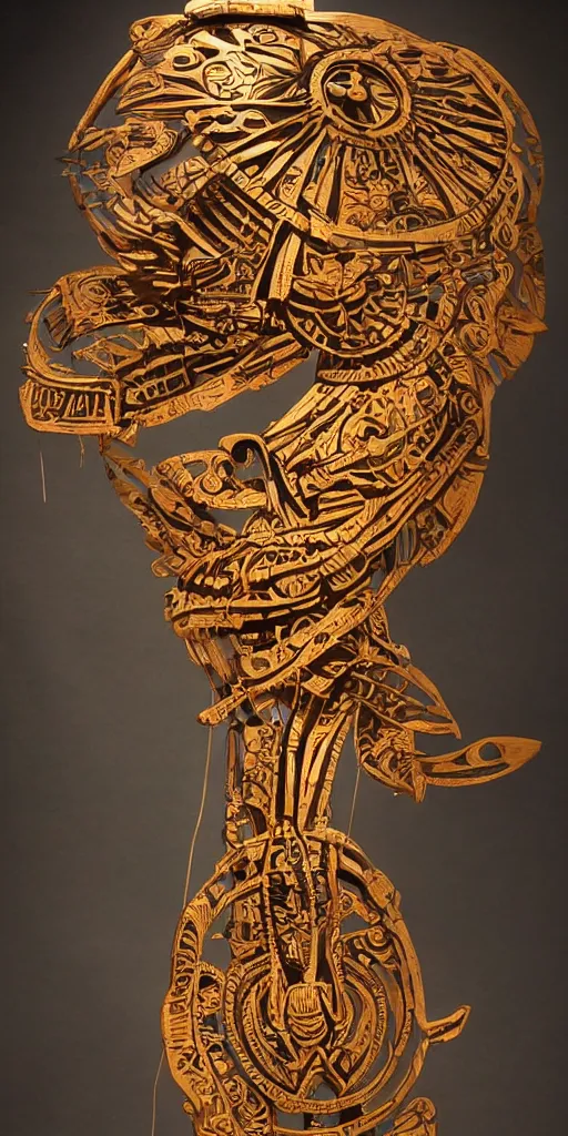 Image similar to animal fish machine sci - fi totem, carved from wood metal and translucent plastic, intricate details, tribal designs, cinematic, volumetric lighting