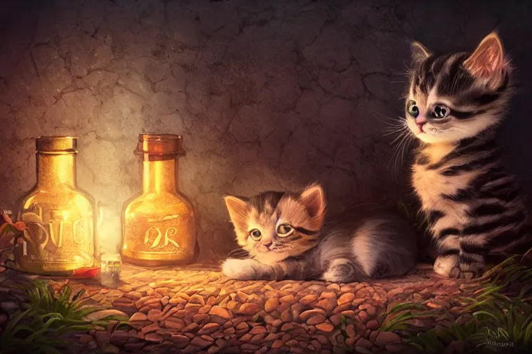 Image similar to adorable kitten curled up asleep amidst potion bottles, 8k resolution matte fantasy painting, warm lighting, bokeh, DeviantArt Artstation, by Lisa Ravenscroft and Ross Tran and Lisa Frank and Tony DiTerlizzi