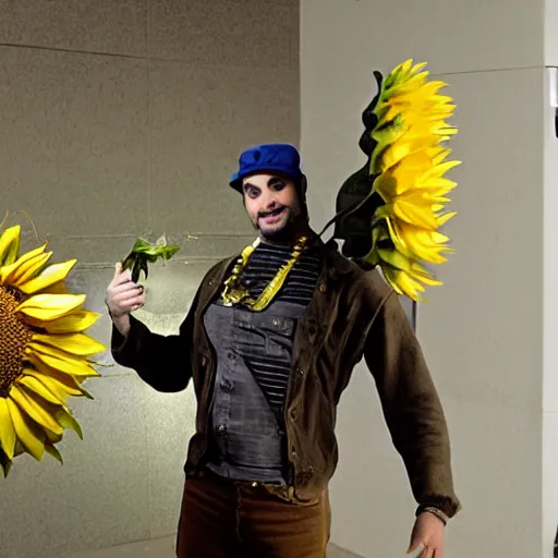 Prompt: ethan klein as a steampunk robot holding a large sunflower in a long futuristic hallway