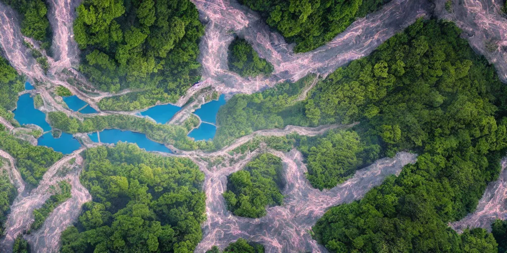 Image similar to a very high resolution image from a new movie, upside - down and criss - cross river, beautiful scenery, photorealistic, photography, directed by wes anderson