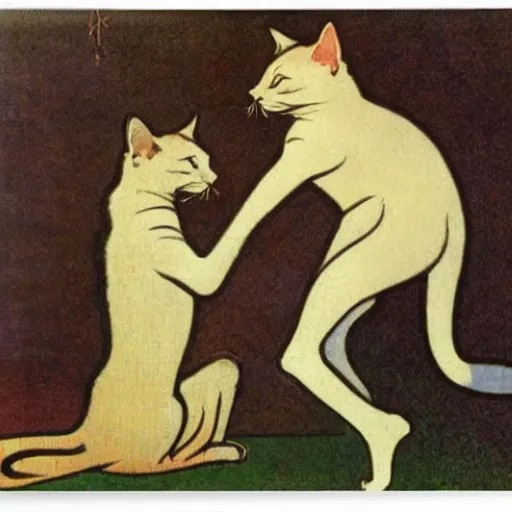 Prompt: Two cats playing with each other by mucha