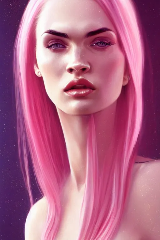 Image similar to Portrait of a beautiful pale skin Nordic female megan fox with long pink hair, elegant, photorealistic, highly detailed, artstation, smooth, sharp focus, gold ornaments, neon lighting, sci-fi, art by Klimt