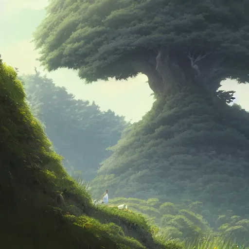 Prompt: a landscape of a single tree with bushes nearby, studio ghibli, castle in the sky, animated, anime, illustrated, vibrant, by greg rutkowski, by kazuo oga, dungeons and dragons on artstation