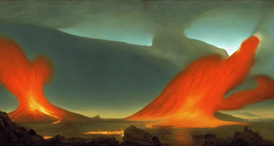 Image similar to a volcano made of ivory vines and crimson rocks enters in eruption, it spits a smoke in the shape of demonic eye, by John Martin