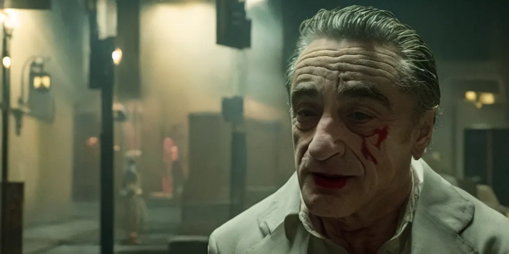 Prompt: Robert DeNiro as Arthur Fleck in 'Joker' (2019), movie still frame, only one person in frame, oscar nominated cinematography, volumetric lighting, 8k resolution, beautiful composition