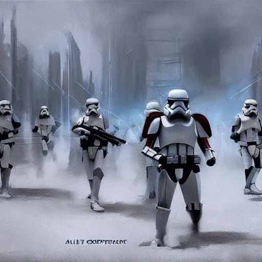 Image similar to an extremely long shot of an imperial stormtrooper walking concept art by Doug Chiang cinematic, realistic painting, high definition, very detailed, extremely high detail, photo realistic, symmetrical, concept art, the Mandalorian concept art style