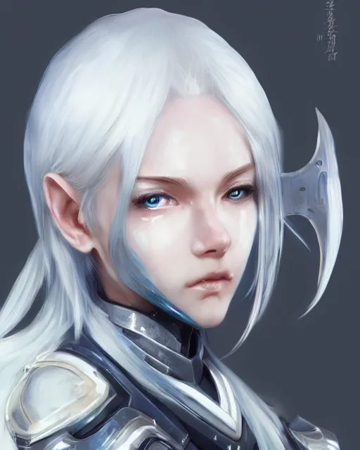 Prompt: perfect white haired girl, warframe armor, beautiful, dreamy, portrait, highly detailed, digital painting, trending on artstation, concept art, sharp focus, illustration, pretty face, blue eyes, scifi platform, front lit, laboratory, experiment, masterpiece, art by masayoshi tanaka, akihiko yoshida, kazuya takahashi