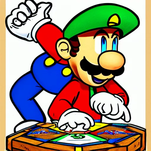 Image similar to Mario bros Luigi playing a ouija board, illustration, board game, Nintendo, artgram,