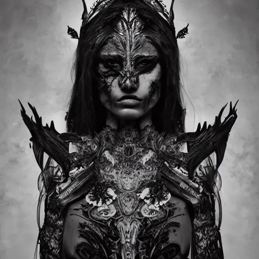 Image similar to a portrait of female model by stefan geselle and nekro borja, photorealistic, intricate details, hyper realistic, dark fantasy, ornate headpiece, dark beauty, photorealistic, canon r 3, photography, wide shot, photography, dark beauty, symmetrical features, wide angle shot, whole body, full body shot, 3 / 4 shot, environmental portrait