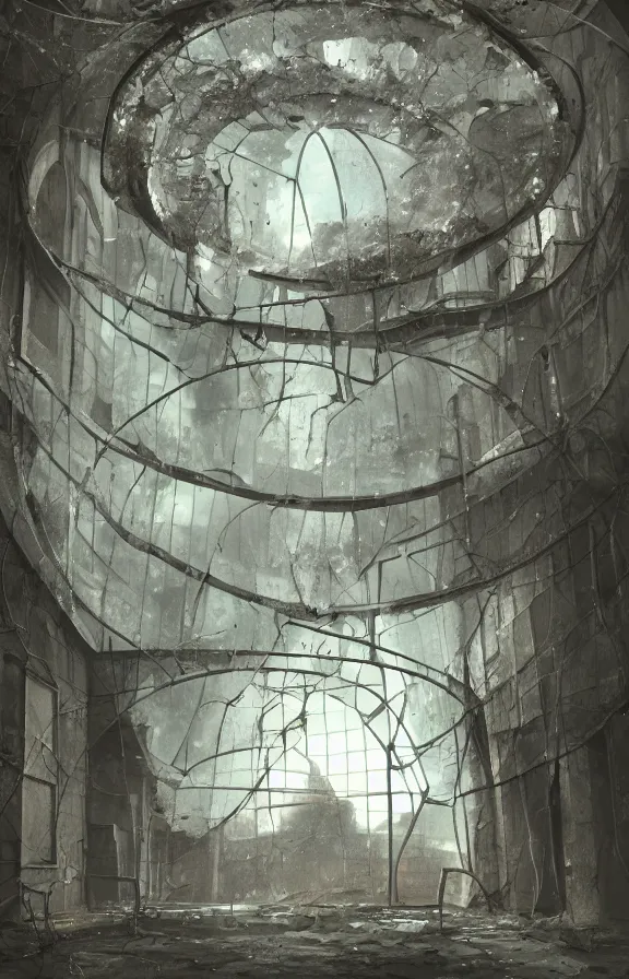 Image similar to an abandoned building, bubble, circular, cobweb, eerie, old, tall, fantasy, 1 9 8 0, artstation, digital art,