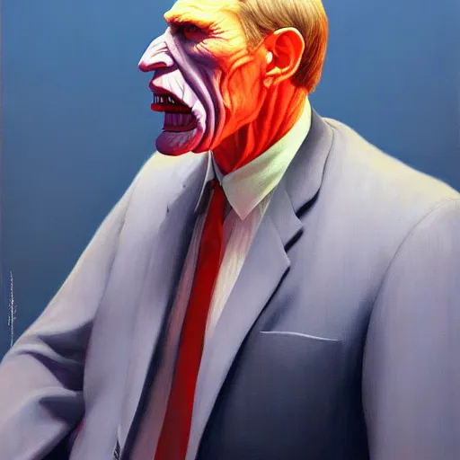 Prompt: Portrait of Mr. Powerful wearing a business suit, very coherent, painted by Edward Hopper, Wayne Barlowe, painted by James Gilleard, airbrush, art by JamesJean