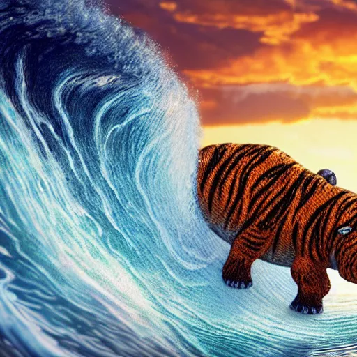 Image similar to a closeup photorealistic photograph of a knitted tiger hippopotamus riding a large wave during sunset. surf in the background. professional capture. brightly lit scene. this 4 k hd image is trending on artstation, featured on behance, well - rendered, extra crisp, features intricate detail, epic composition and the style of unreal engine.