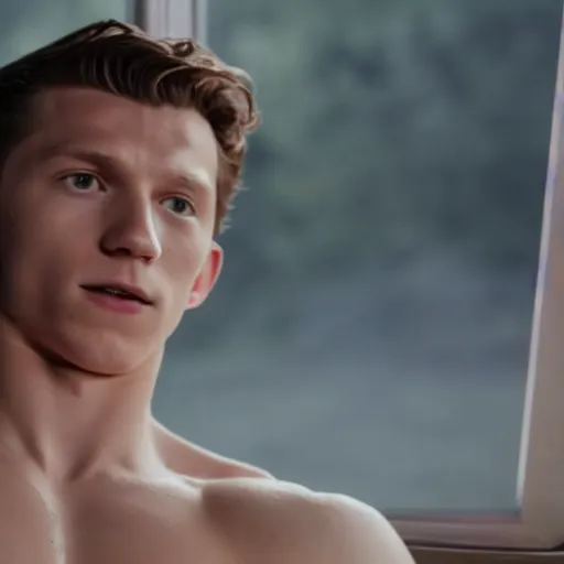 Prompt: Tom Holland, sitting in a sauna. Canadian landscape can be seen through the window. Movie still frame. 4K UHD.