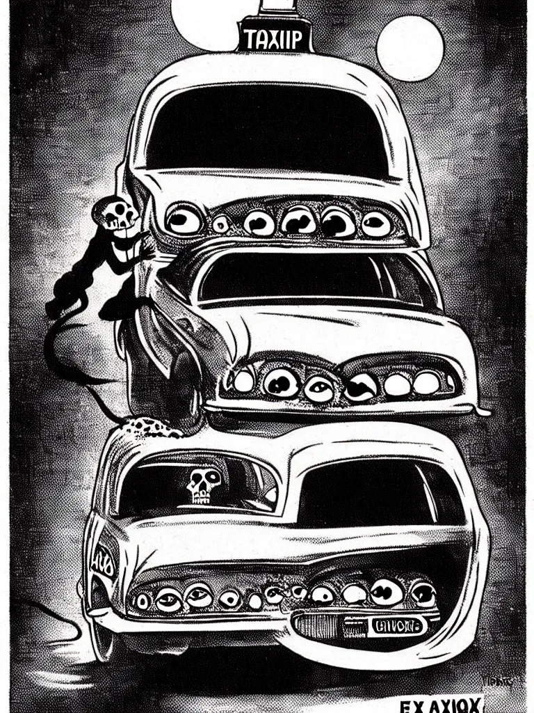 Prompt: Vintage Horror Illustration of a Blob Creature Consuming a Taxi Cab. Glowing , Spooky lighting , Pinterest