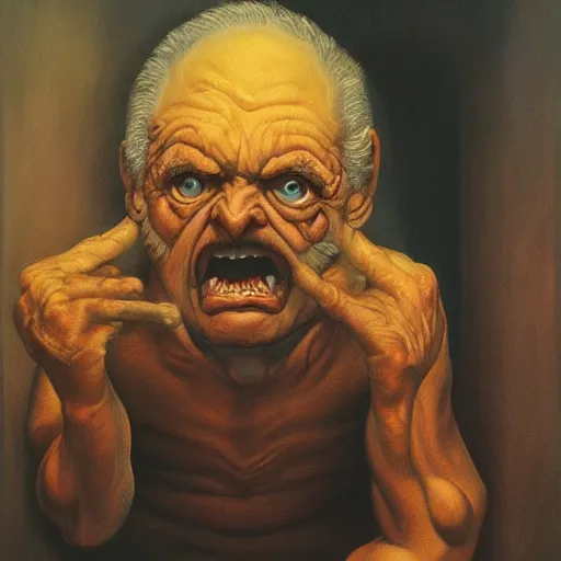 Image similar to closeup face, big eyes, angry old man in chair inside a dark house, surrealism, painting by boris vallejo and michael whelan