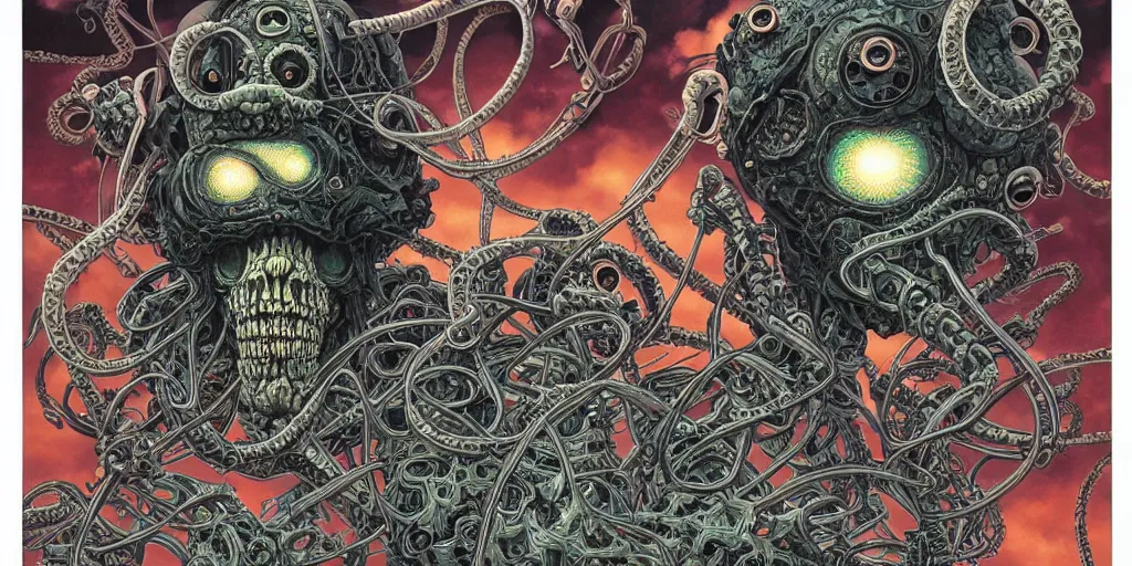 Prompt: portrait of crazy robots cthulhu skeletor, symmetrical, by yoichi hatakenaka, masamune shirow, josan gonzales and dan mumford, ayami kojima, takato yamamoto, barclay shaw, karol bak, yukito kishiro