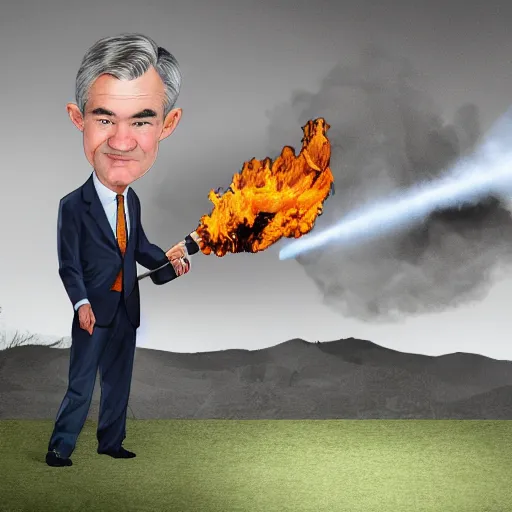 Image similar to photo of Jerome Powell using a flamethrower, highly-detailed, award-winning