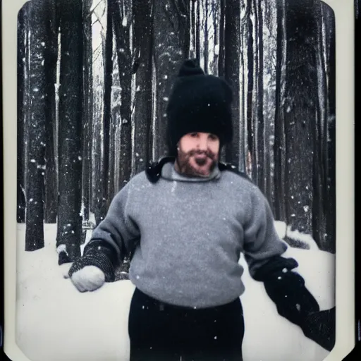 Image similar to vintage polaroid photograph of a man wearing black winter clothes and a black beanie in a snowy forest, standing next to a car