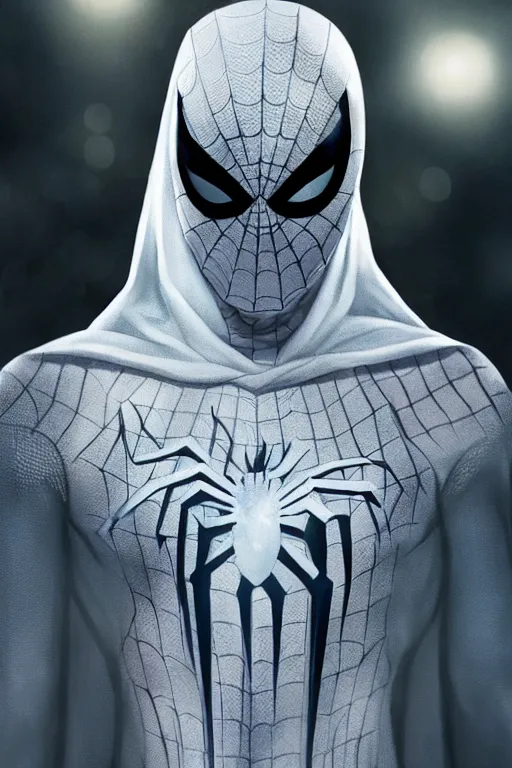 Prompt: characters portrait of Moon Knight mixed with Spiderman by Alyssa Monks, full-shot, merged character, Full body shot, cinematic opening shot, 4k, highly detailed, cinematic lighting