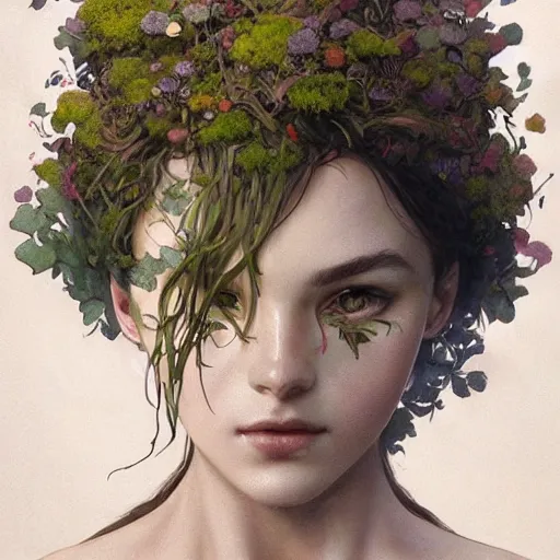 Image similar to moss and flowers forming the shape of a human figure. beautiful high quality realistic fantasy art, trending on artstation by artgerm and greg rutkowski and alphonse mucha