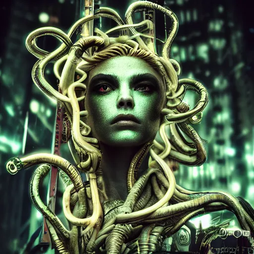 Image similar to Cyberpunk medusa, dark atmosphere, cinematic shot, intricate, ornate, photorealistic, ultra detailed, realistic, 35mm, photography, neon, octane, high definition, depth of field, bokeh, 8k, artstation