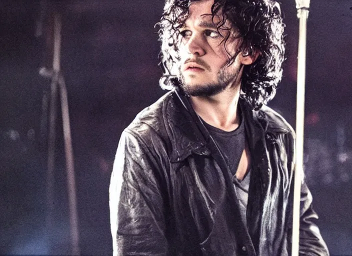 Image similar to promotional image of a kit harrington in a heavy metal band in a movie from 1978, rugged black clothes, detailed face, movie still frame, promotional image, imax 70 mm footage