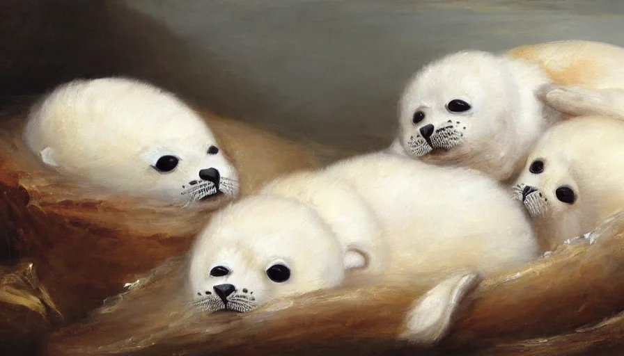 Image similar to highly detailed painting of cute furry white baby seals cuddling up in a big pile of whippy ice cream by william turner, thick brush strokes and visible paint layers, 4 k resolution