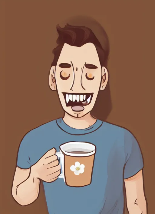 Image similar to a white young man drinking from a coffee cup, which is a brown flower, big smile, prominent big eyes, wise forehead, big lips, round portruding chin, background full of brown flowers, standout colours, thin sharp lines, digital painting, artstation, matte, sharp focus, illustration, moe artstyle