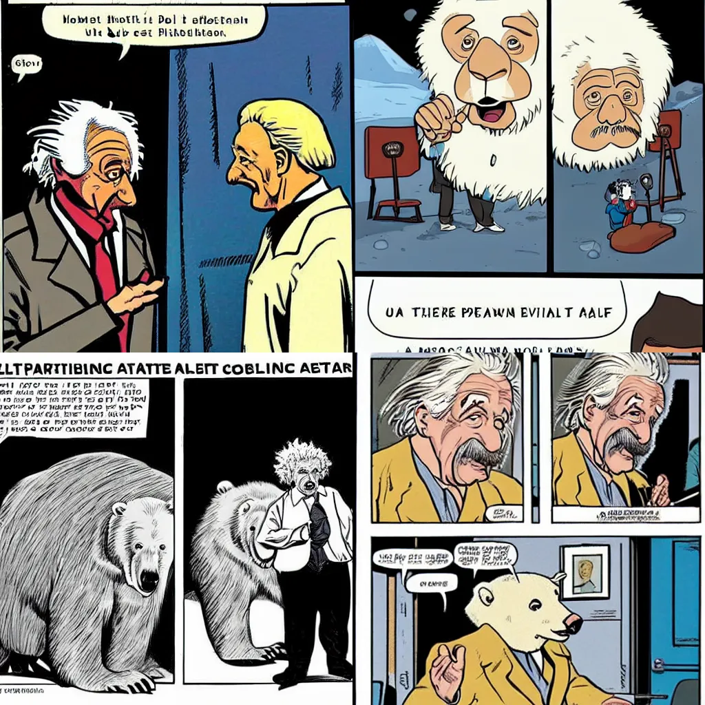 Prompt: a comic book depicting albert einstein arguing with a polar bear