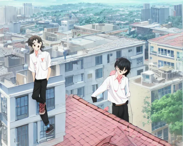 Image similar to teen standing on the roof of a building, wearing white collared shirt, back turned, looking up, illustration, by pine ( ハイネ ) and 薯 子 imoko and 香 川 悠 作 and wlop and maya takamura, highly detailed, trending artstation, pixiv, digital art