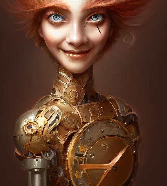 Prompt: cute automaton smiling, perfect face, symmetrical eyes, brass clothes, copper hair, cinematic, blush, stunning, elegant, highly detailed, psychedelic, digital painting, artstation, smooth, hard focus, illustration, art by jessica rossier and and brian froud