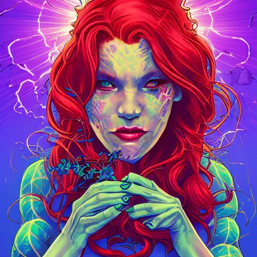 Prompt: the second coming of poison ivy, by dan mumford and ross tran, cosmic, heavenly, god rays, intricate detail, cinematic, 8 k, cel shaded, unreal engine, featured on artstation, pixiv