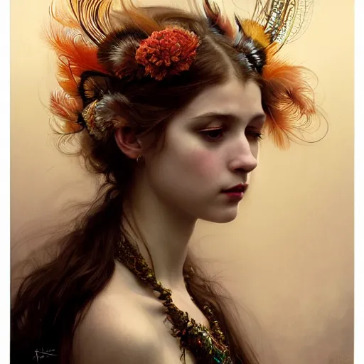 Image similar to portrait of a girl with feathers on her face, face, fantasy, intricate, elegant, dramatic lighting, highly detailed, lifelike, photorealistic, digital painting, artstation, concept art, smooth, sharp focus, illustration, art by John Collier and Krenz Cushart and Artem Demura and Alphonse Mucha and and Albert Aublet