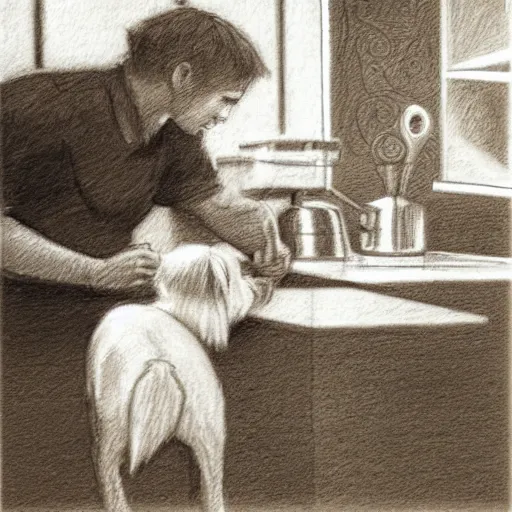 Image similar to pencil sketch of a boy making espresso with a westie in the quiet morning sunlight