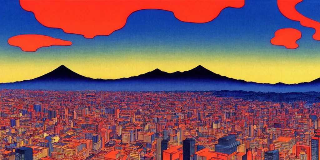 Image similar to skyline of a large metropolis, large mountain looming in the background, acid and dreaming psychedelic hallucinations, by kawase hasui, moebius and edward hopper, colorful flat surreal design, hd, 8 k, artstation