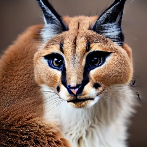 Image similar to a photo of cute fluffy caracal wearing white jumpsuit, close up portrait, studio photography, 8 k